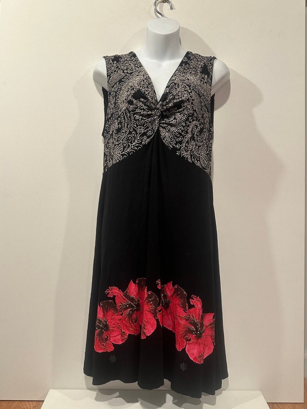 Desigual Black Twist Front Midi Dress Sleeveless Hibiscus Rhinestone Paisley L
